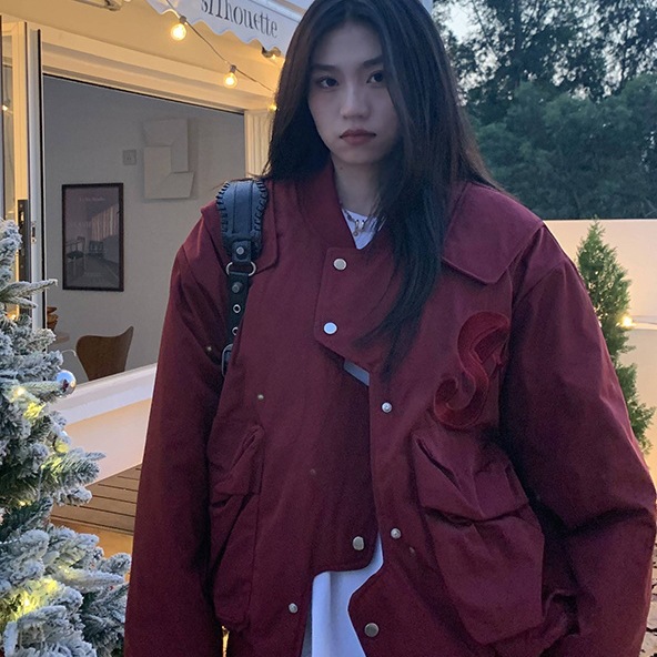 美式小众不规则加棉加厚飞行服棉服外套女秋冬宽松设计感工装夹克