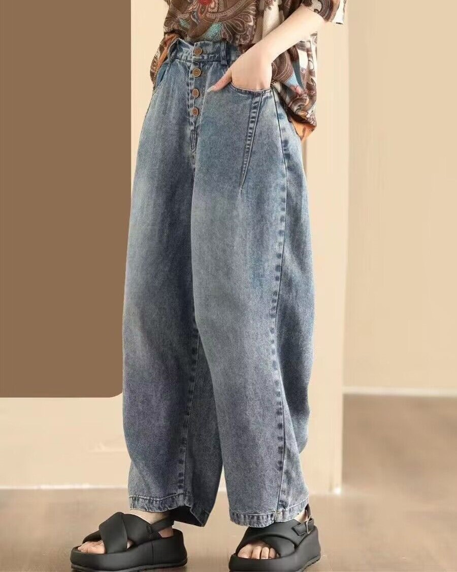 纽扣牛仔裤 2024夏季新款 半松紧腰大码长裤女显瘦宽松休闲裤7178