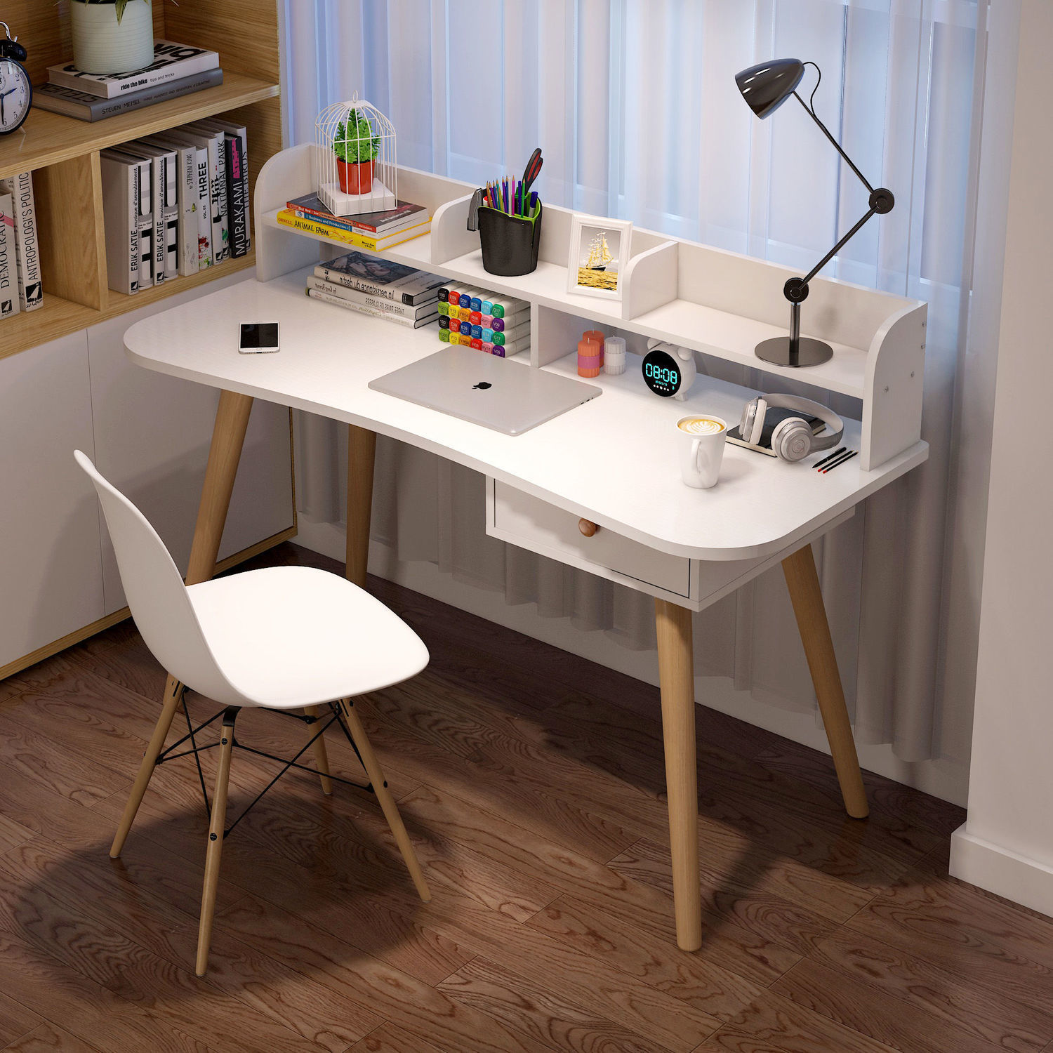 电脑台式桌简易书桌书架组合少女卧室简约租房家用学生学习小桌子