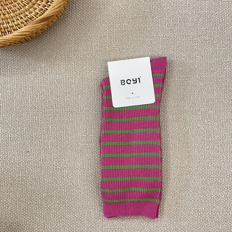 Korean Style New Striped Socks Women's Japanese Ins Style Basic Color Matching Bunching Socks Trendy All-Matching Cotton Mid-Calf Length Socks