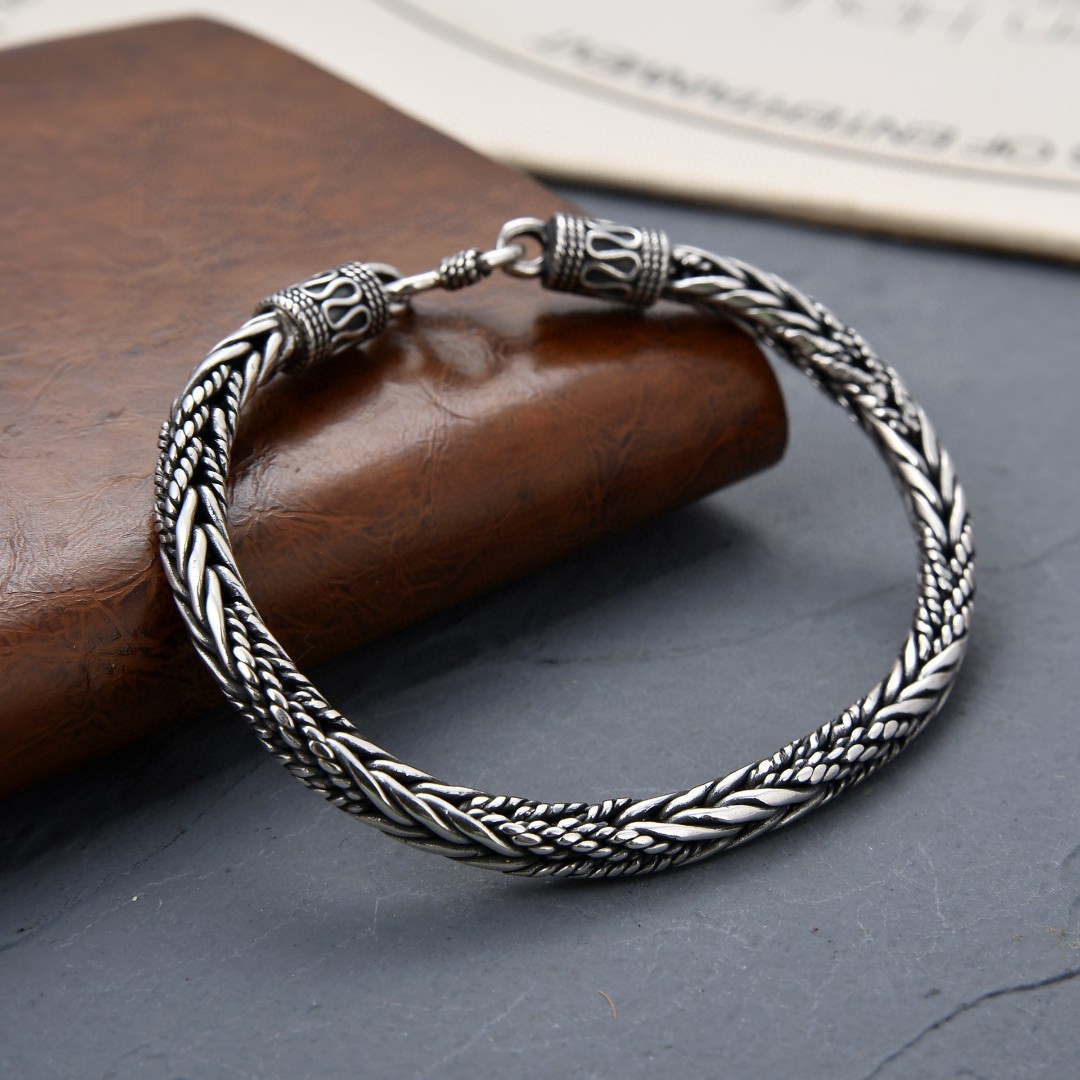 新款s925泰银复古四方麻绳平安纹编织狐尾手工链男潮简约个性饰品