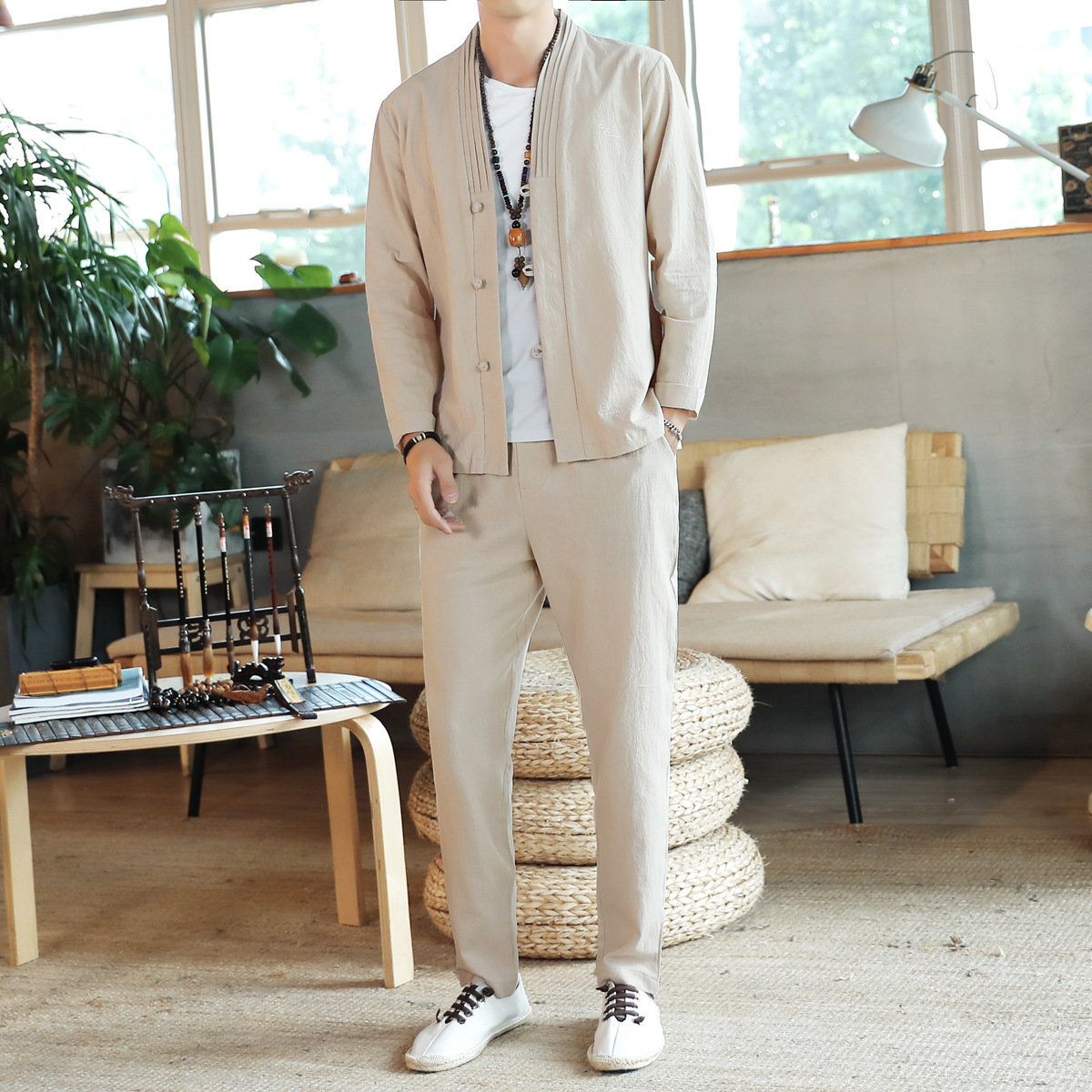 棉麻休闲套装2021春夏款佛系宽松汉服套装男唐装上衣九分裤两件套