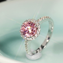 彩色宝石粉钻戒指莫桑圆形微镶时尚潮流结婚戒1克拉