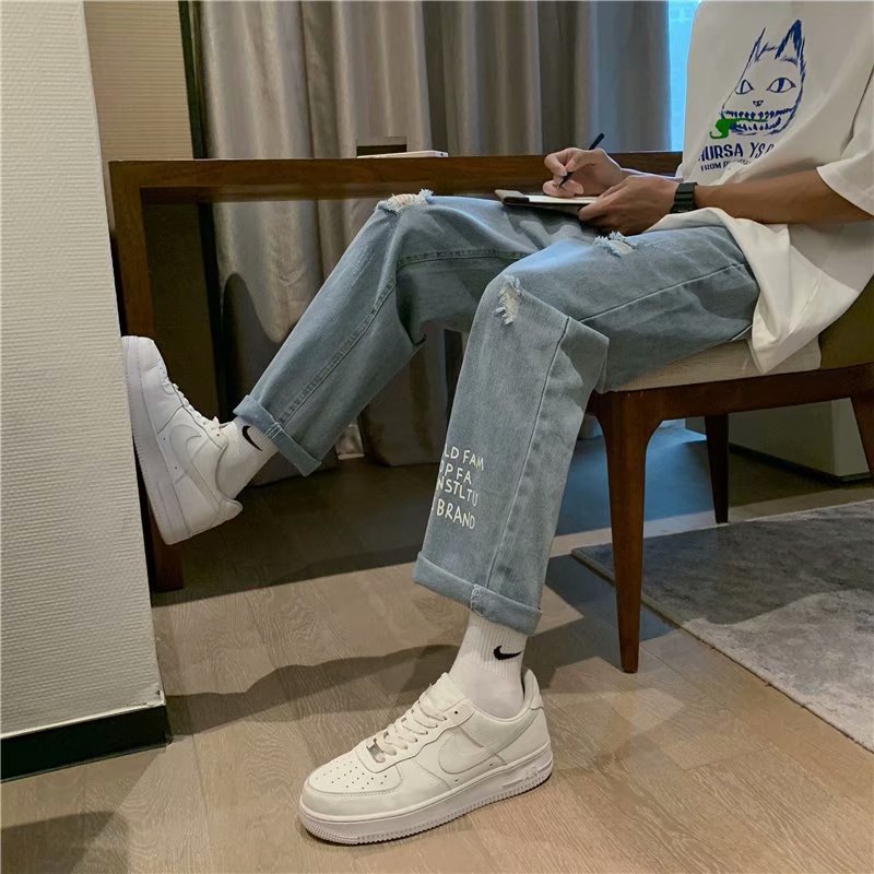 2021夏季牛仔裤男生韩版潮流ins宽松直筒百搭裤子帅气休闲阔腿裤