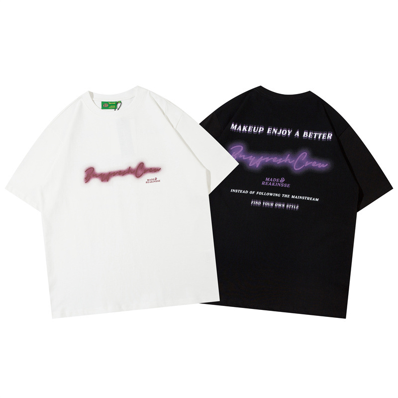 原宿风t恤霓虹灯字母印花圆领短袖男韩版复古宽松街头休闲上衣潮