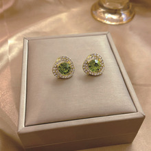 跨境橄榄绿圆形耳钉珍珠锆石水钻微镶爆闪法式复古时尚高级感饰品