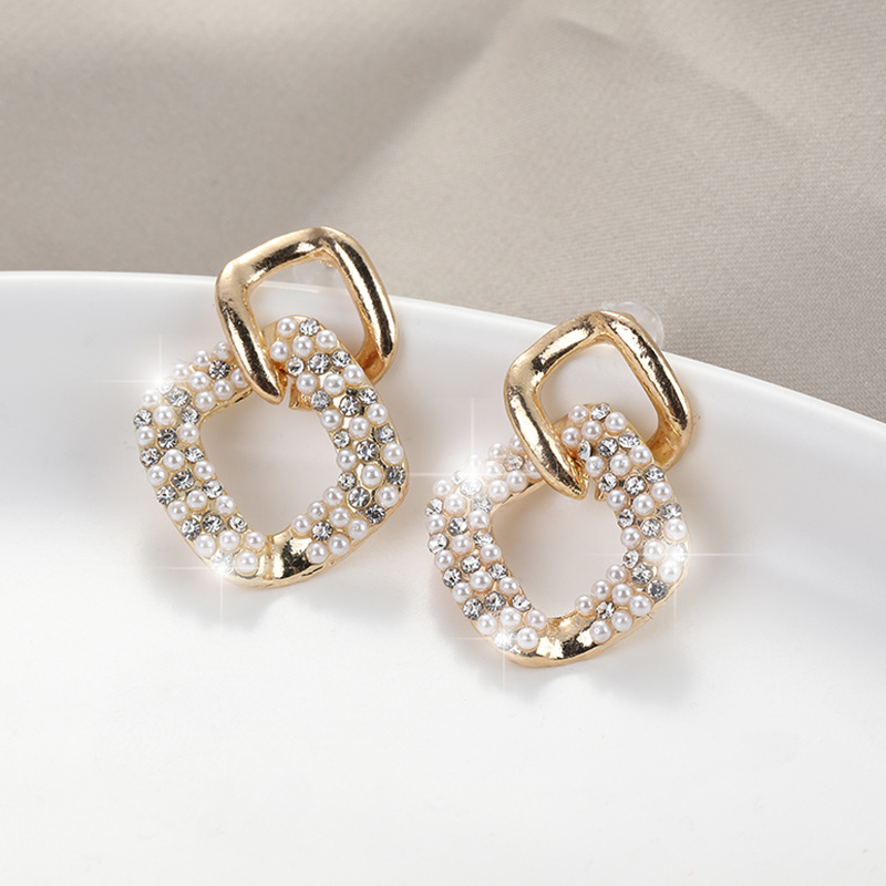 2021新款 韩国气质水钻珍珠方块耳环925银针几何形耳饰设计感耳钉