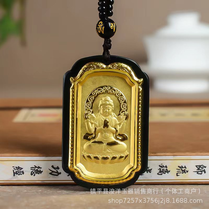 批发新款金镶玉和田玉4d足金观音牌子吊坠时尚墨玉项链直播专供