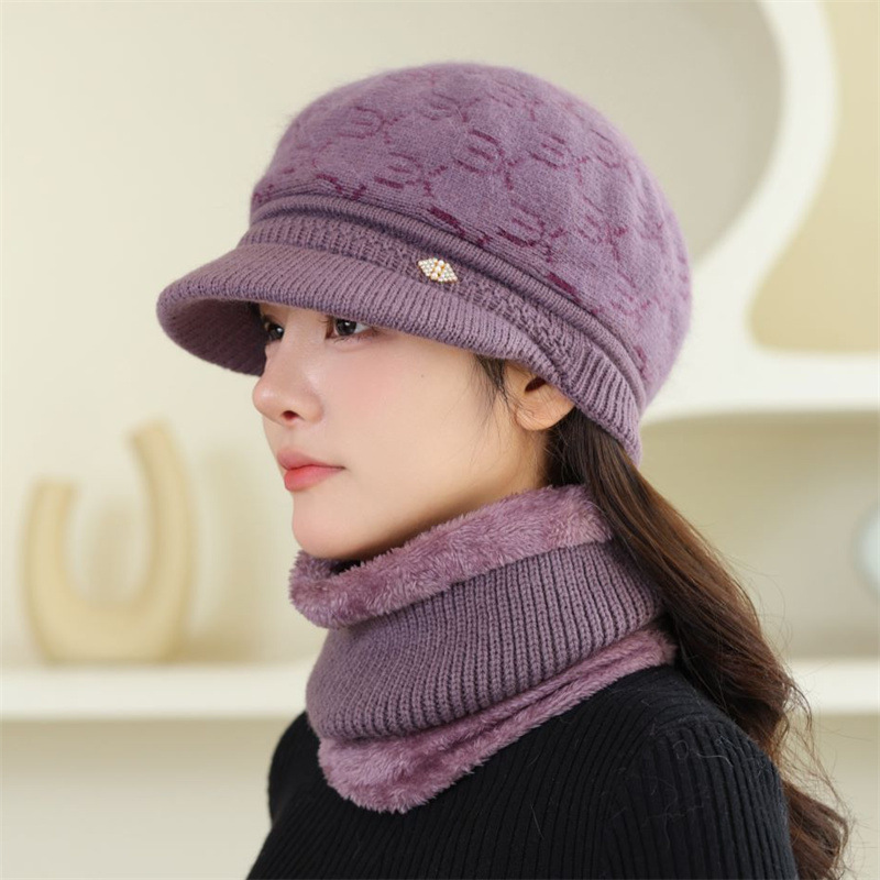中老年人帽子女士秋冬兔毛针织加绒保暖毛线帽妈妈鸭舌贝雷帽围脖