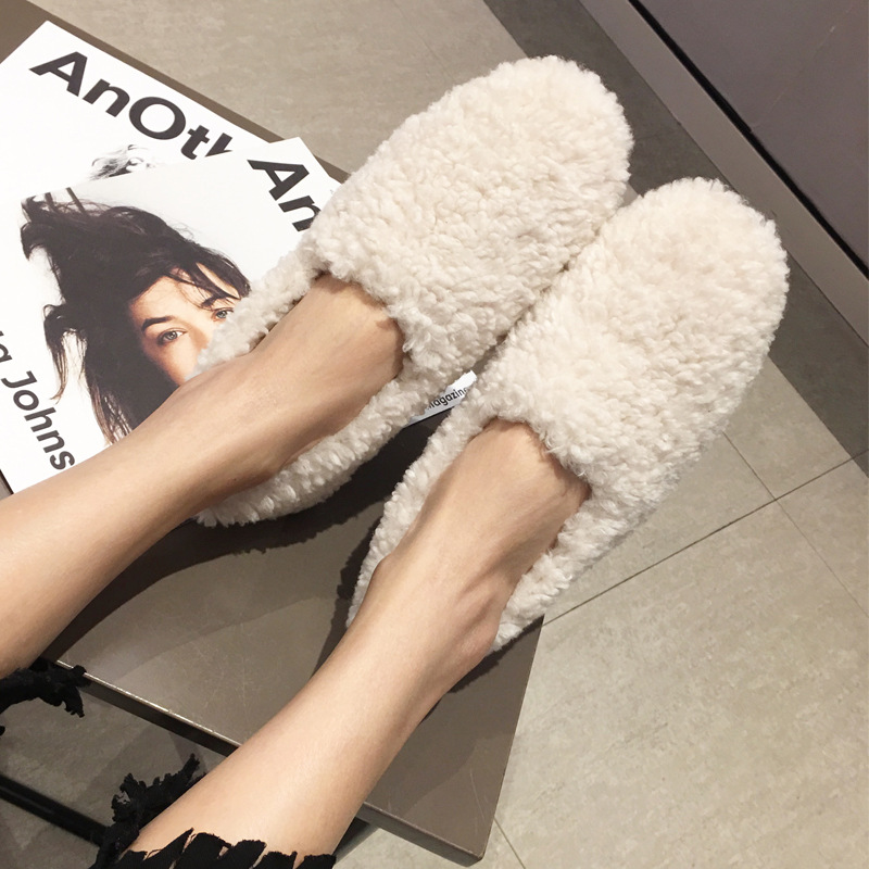 韩版网红卷毛白色毛毛鞋女秋冬学生百搭懒人一脚蹬平底羊羔毛棉鞋