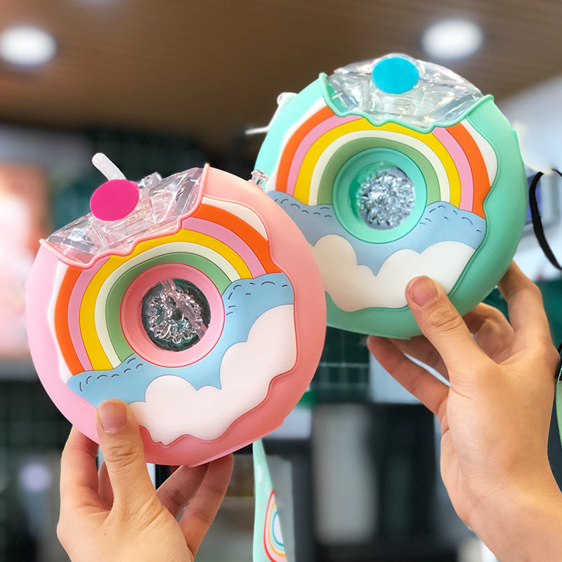 Hot Selling Internet Celebrity Donut Plastic Water Cup Crossbody Kindergarten Children Cartoon Kettle Silicone Case Anti-Fall Wholesale