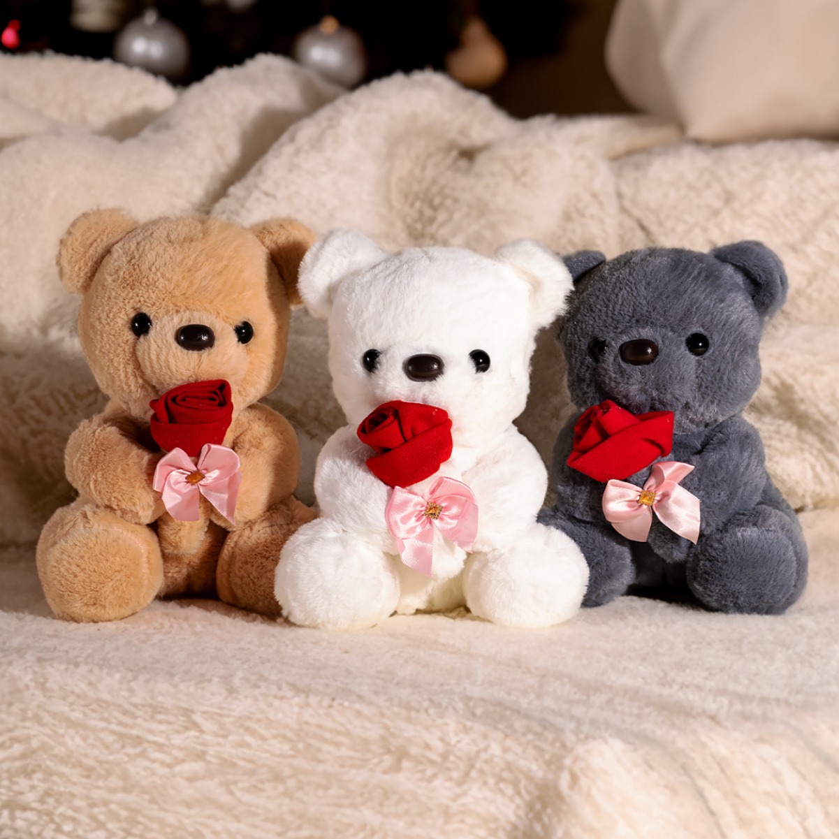 跨境热销玫瑰花小熊可爱毛绒玩具情人节泰迪熊礼物随机领结颜色