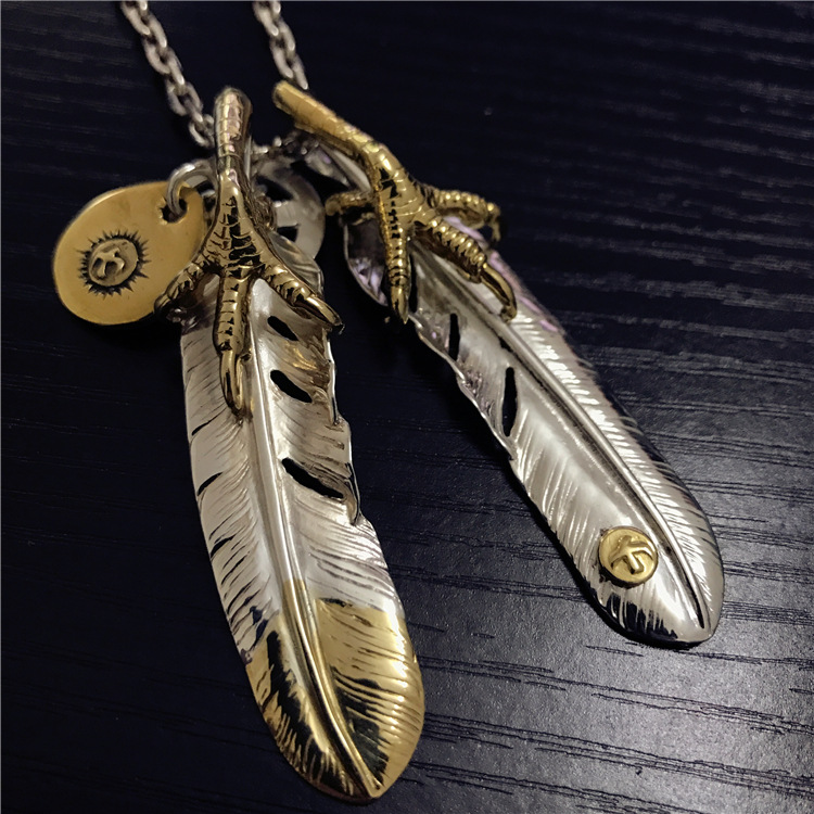 高桥吾郎goros正品复刻 印第安风格925纯银双鹰爪羽毛 老鹰项链