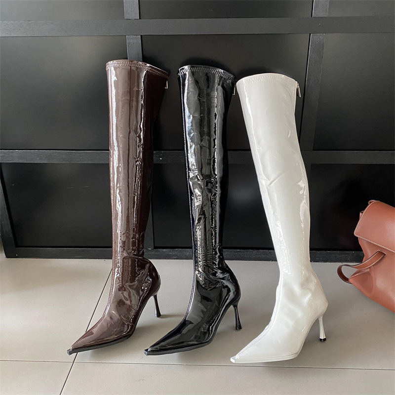 2024秋冬季新款尖头细跟欧美高跟长靴漆皮褶皱堆堆靴高跟过膝靴子