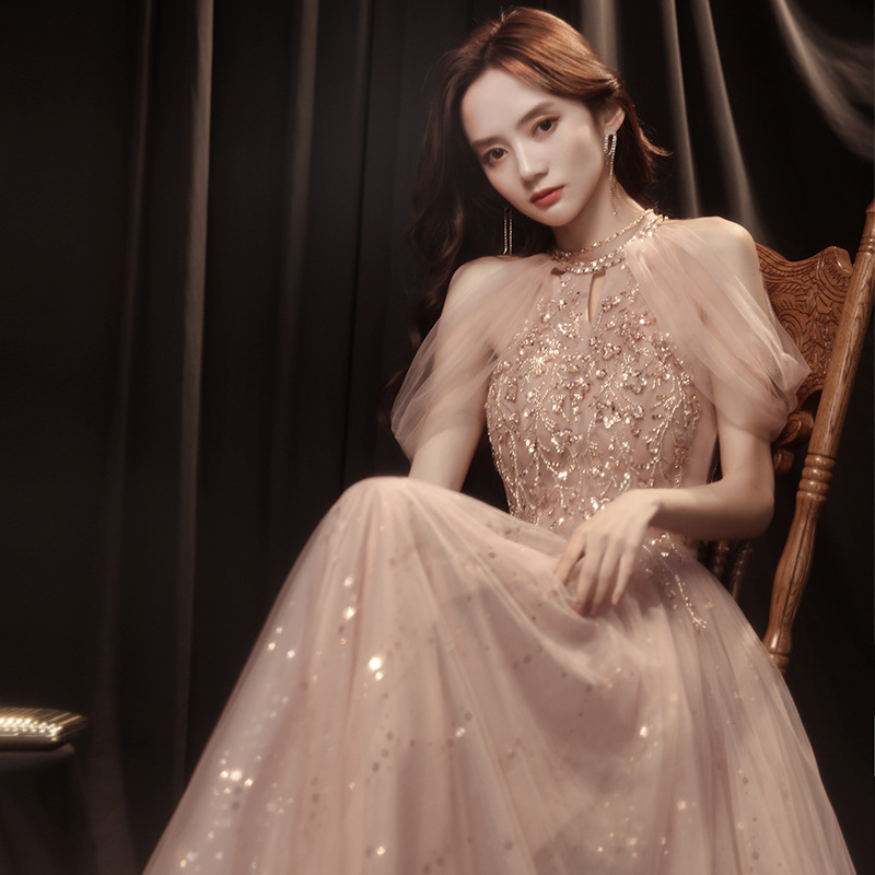 香槟色挂脖艺考晚礼服宴会气质高端成人礼主持人伴娘礼服裙长款夏