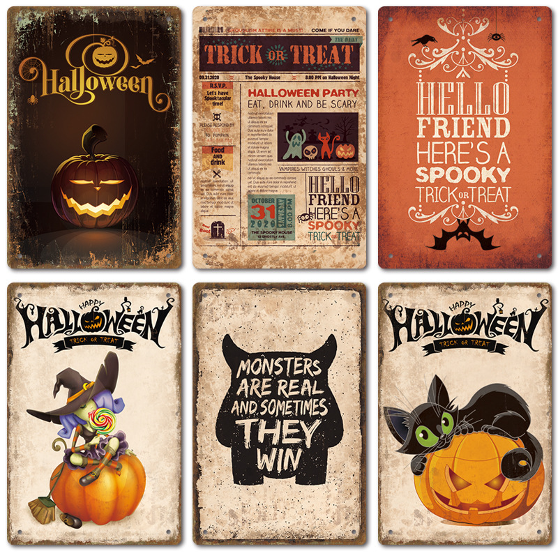 2024新款Halloween万圣节复古铁皮画 美式家居背景墙无框装饰挂画