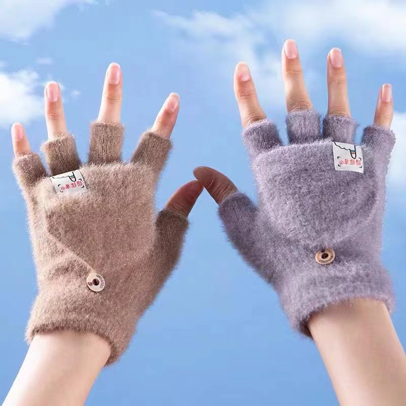 Half Finger Flip Gloves Winter Wool Knitting Gloves Touch Screen Thickened Warm-Keeping and Cold-Proof Student Riding Female Winter Open Finger