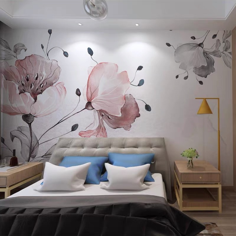 中式花卉主卧室床头沙发背景墙壁纸壁布现代简约电视装饰墙纸壁画