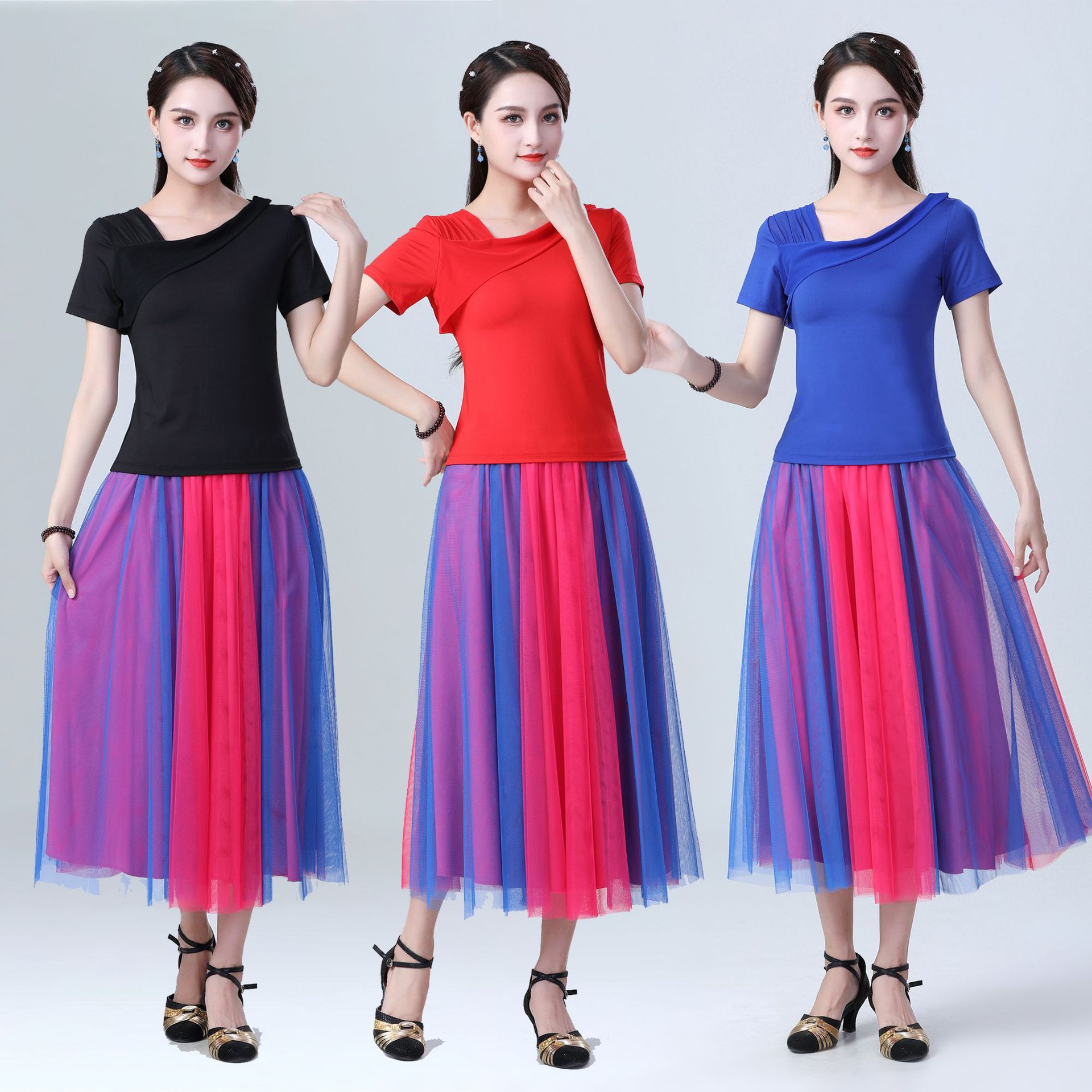 广场舞套装女夏季2021新款莫代尔裙装演出服上衣舞蹈半身裙纱裙