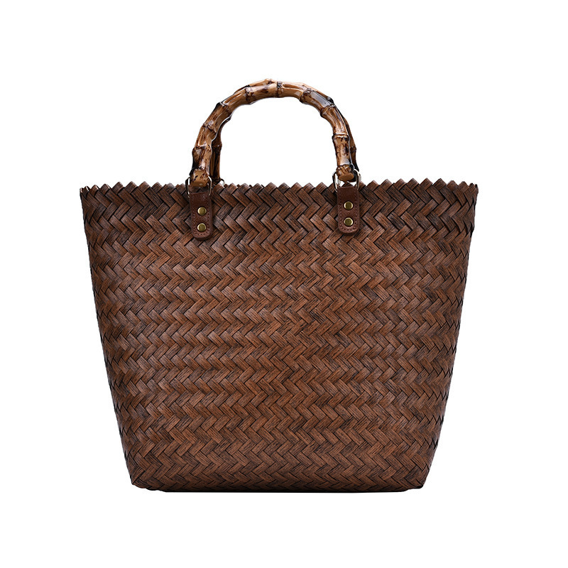 Bamboo Handle Bag Straw Woven 2023 Autumn New Retro Large Capacity Portable Vegetable Basket Bag Woven Bag Beach Bag