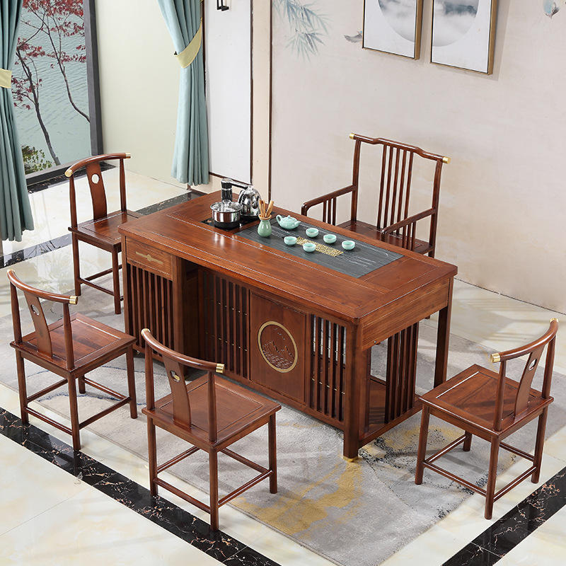 云锦 新中式南榆木茶台客厅茶桌椅组合家用实木大板桌泡茶桌子