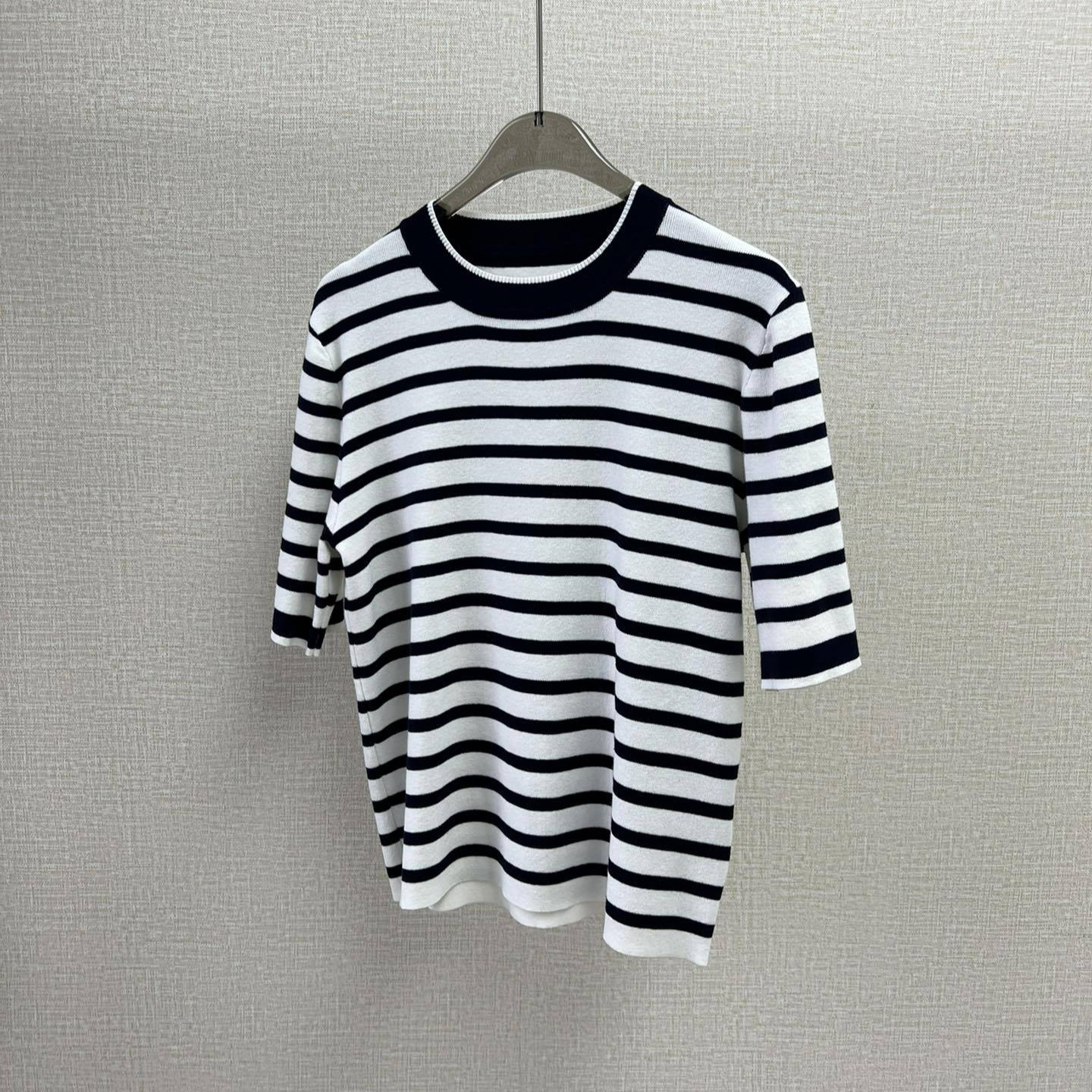 b4331zl~女装2024海军蓝条纹上衣小香风针织短袖t恤女春-阿里巴巴