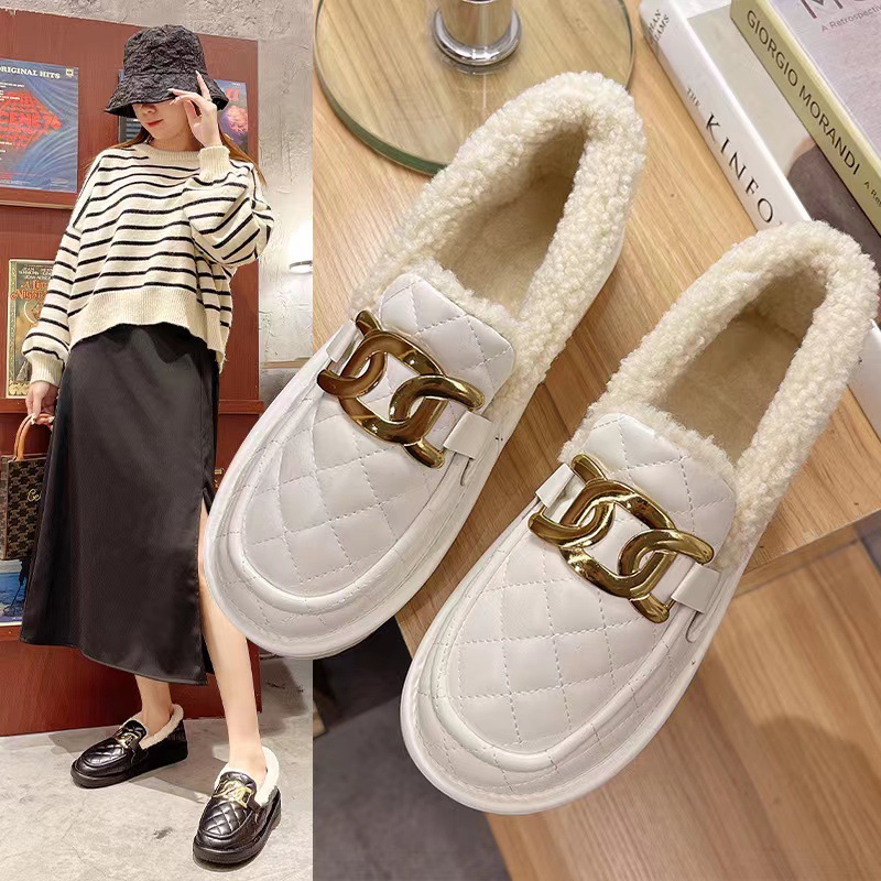 Loafers for Women Autumn and Winter New Women's Cotton Shoes Fleece-lined Thermal Furry Shoes Korean Winter Women's Shoes Factory Wholesale