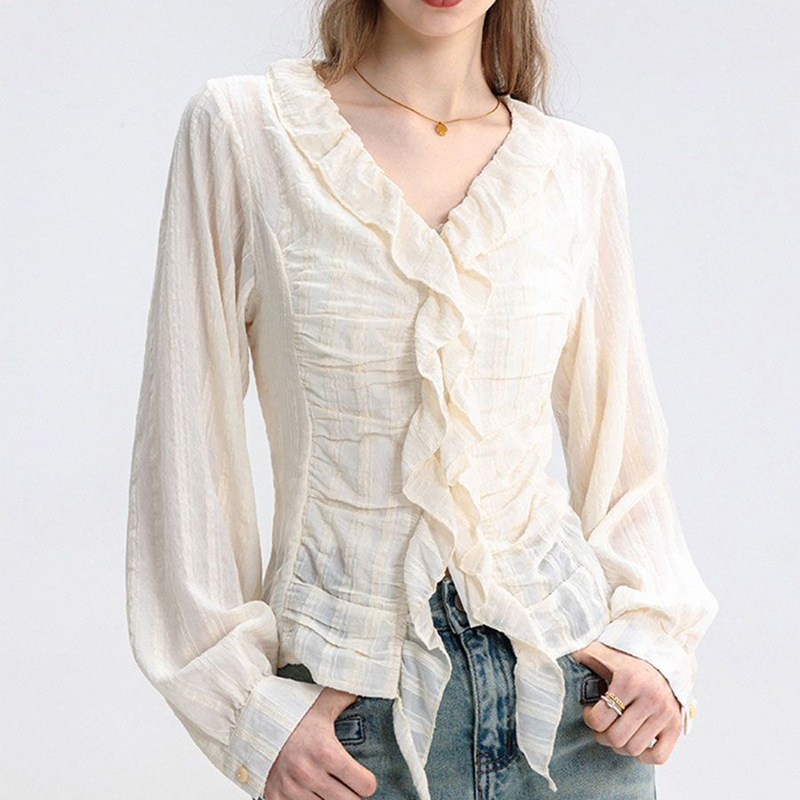法式荷叶领灯笼袖收褶衬衫2024夏季新款套头薄款防晒衫-阿里巴巴
