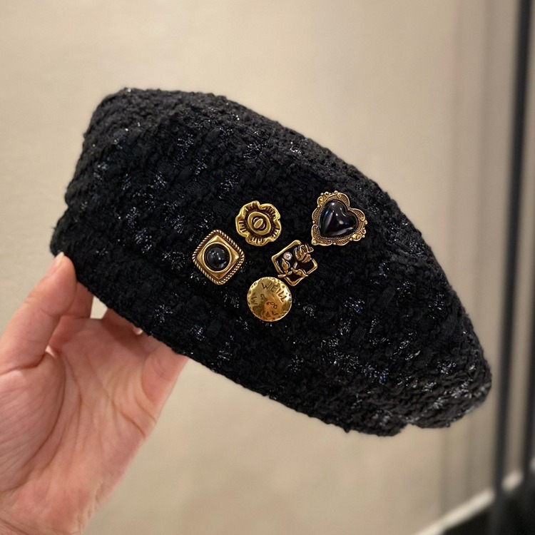 网红时尚名媛风小香款式黑色贝雷帽子女春款韩版百搭粗花呢画家帽-阿