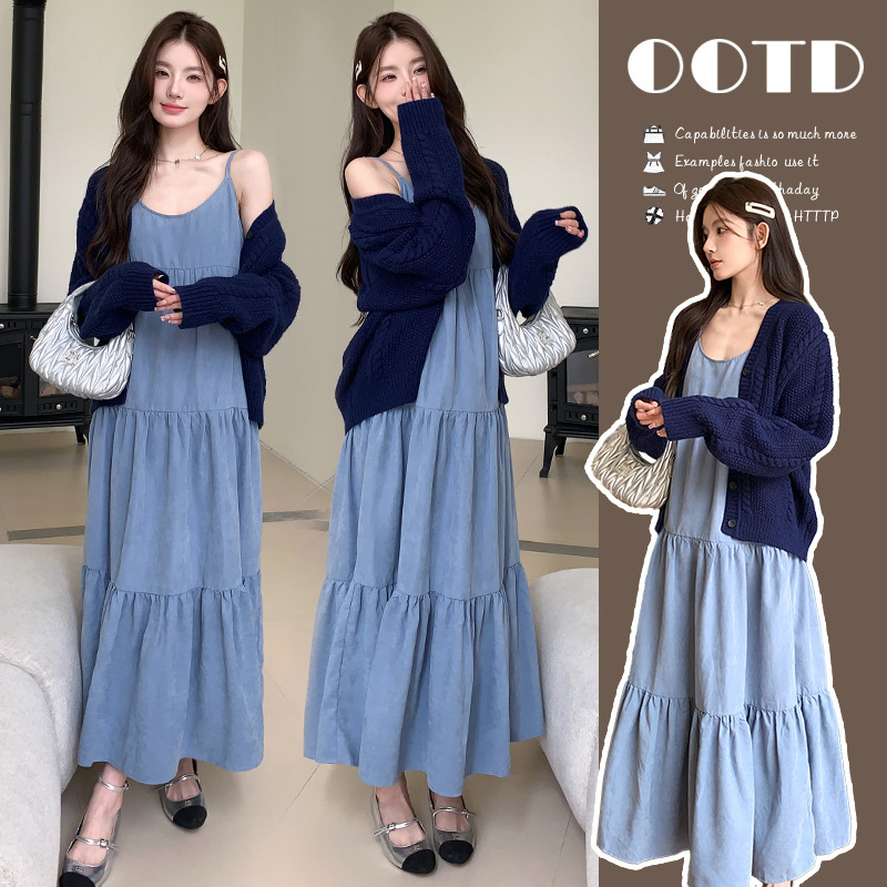 real shot spot ~ 2024 autumn and winter korean style fashion loose suspender skirt + sweater cardigan coat two-piece set