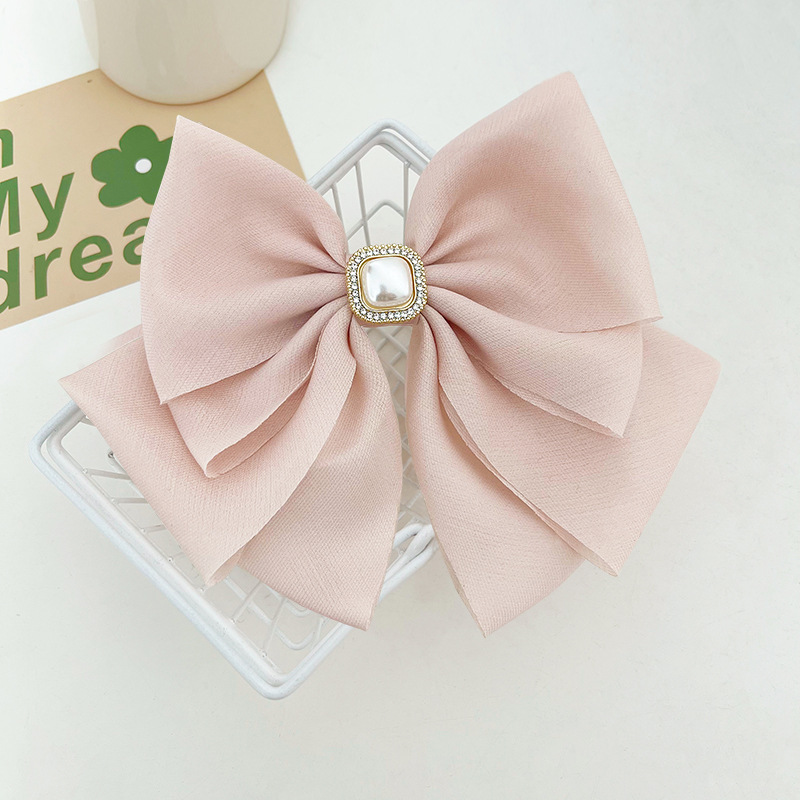 Temperament Wild Satin Fabric Big Bow Pearl Barrettes Korean Internet Celebrity Back Head Spring Clip Hairpin E290