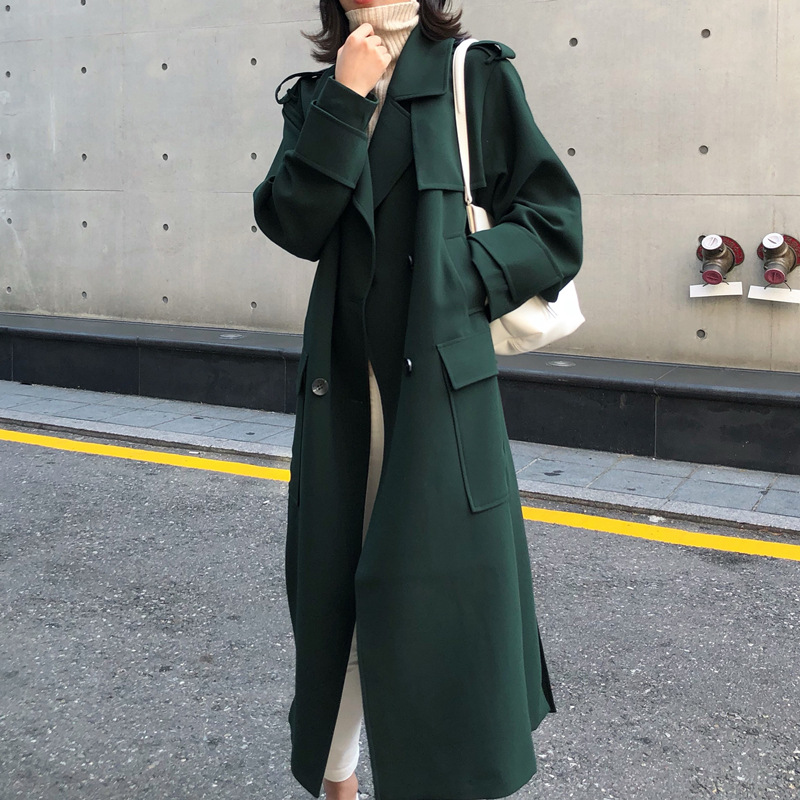 2022早春新款英伦风双排扣风衣女中长款墨绿色外套小个子韩版宽松