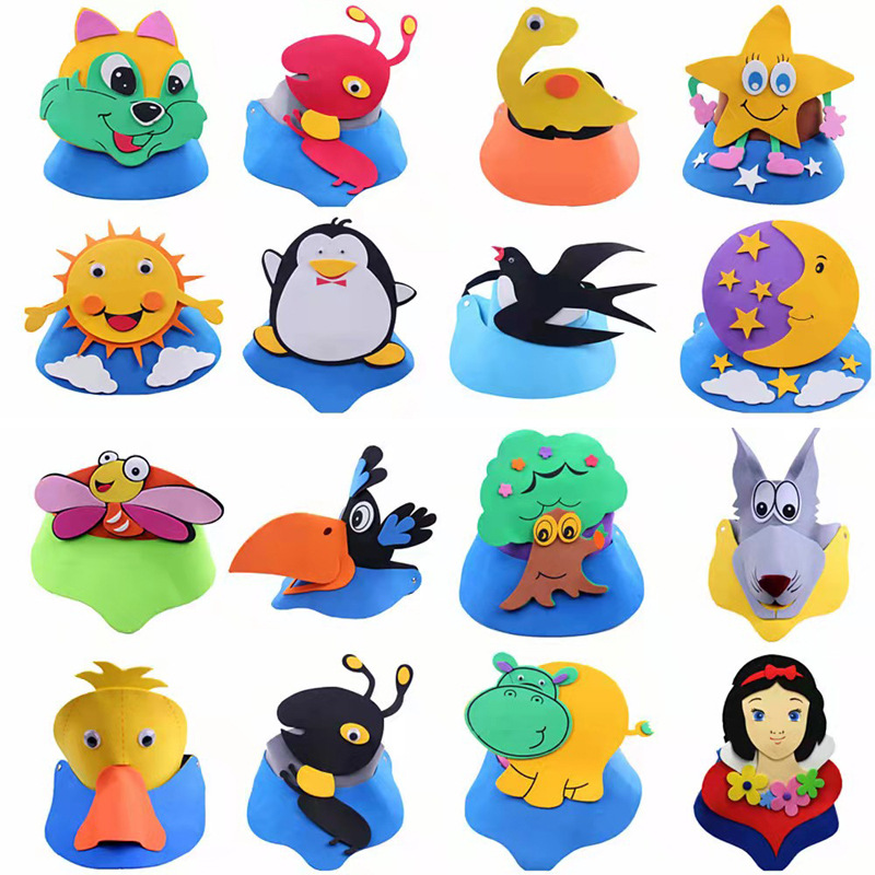 幼儿园动物头饰遮阳帽儿童男孩手工小鸡老虎蜜蜂青蛙十二生肖帽子