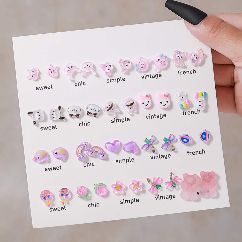 Ins Popular Ornament Sweet Cute Resin Flowers 20 Pairs Earings Set Combination Cartoon Cute Little Bear Earrings