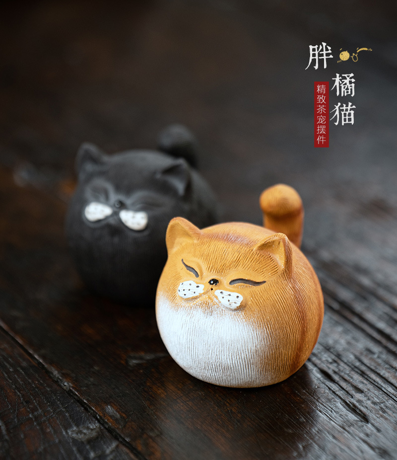 宜兴原矿紫砂茶宠猫雕塑个性创意泥绘招财猫摆件茶玩老虎猫咪厂家