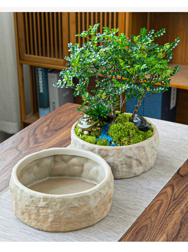 花盆多肉陶瓷盆栽复古仿石头盆景透气圆形大号花盆发财树小榕树盆