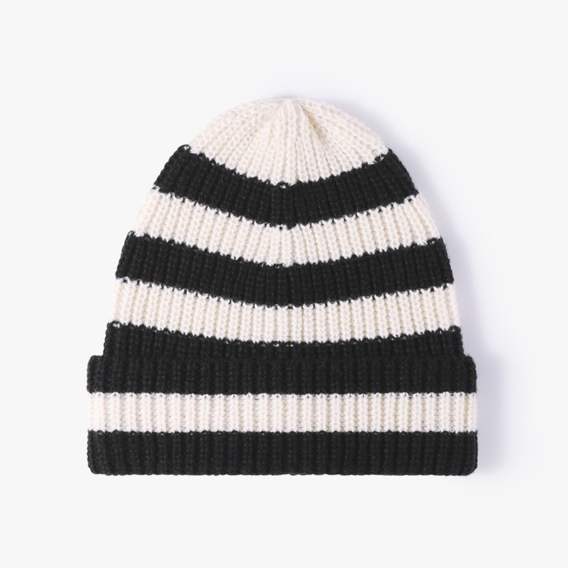 Autumn and Winter Versatile Warm Thickened Big Head Circumference Women's Cold Hat Fashion Striped Color Matching Wool Hat Brimless Knitted Hat