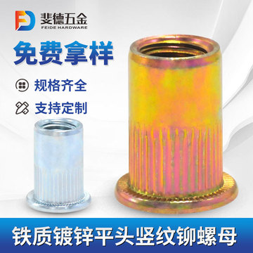 铆螺母平头竖纹通孔铁质拉铆螺母铁镀锌拉帽大边竖纹彩锌拉铆螺母
