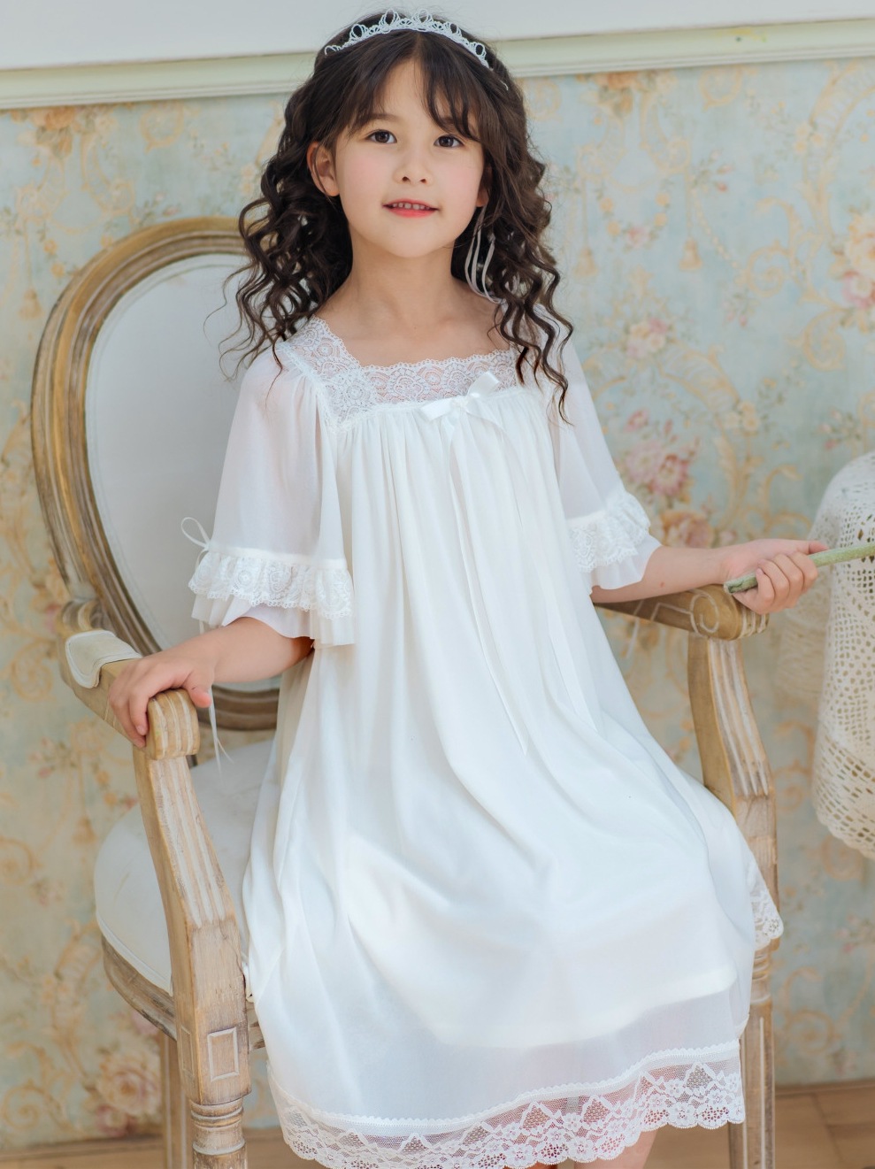 女童睡裙公主宫廷春夏款短袖长居家服女孩蕾丝网纱莫代尔亲子睡衣