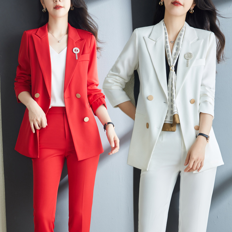红色双排扣中长款西装套装女2024春秋时尚设计感工作服韩版西服女