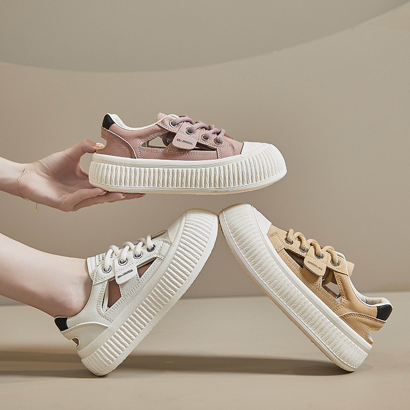 2023夏季新款韩版ins系带小白鞋女鞋镂空休闲板鞋厚底低帮松糕鞋