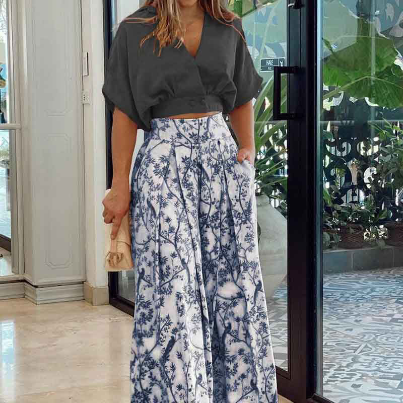 women clothes Independent Station European and American Women's Clothing Fashion V-neck Sexy Short Top Casual Loose Printed Wide-Leg Pants Two-Piece Set for Women