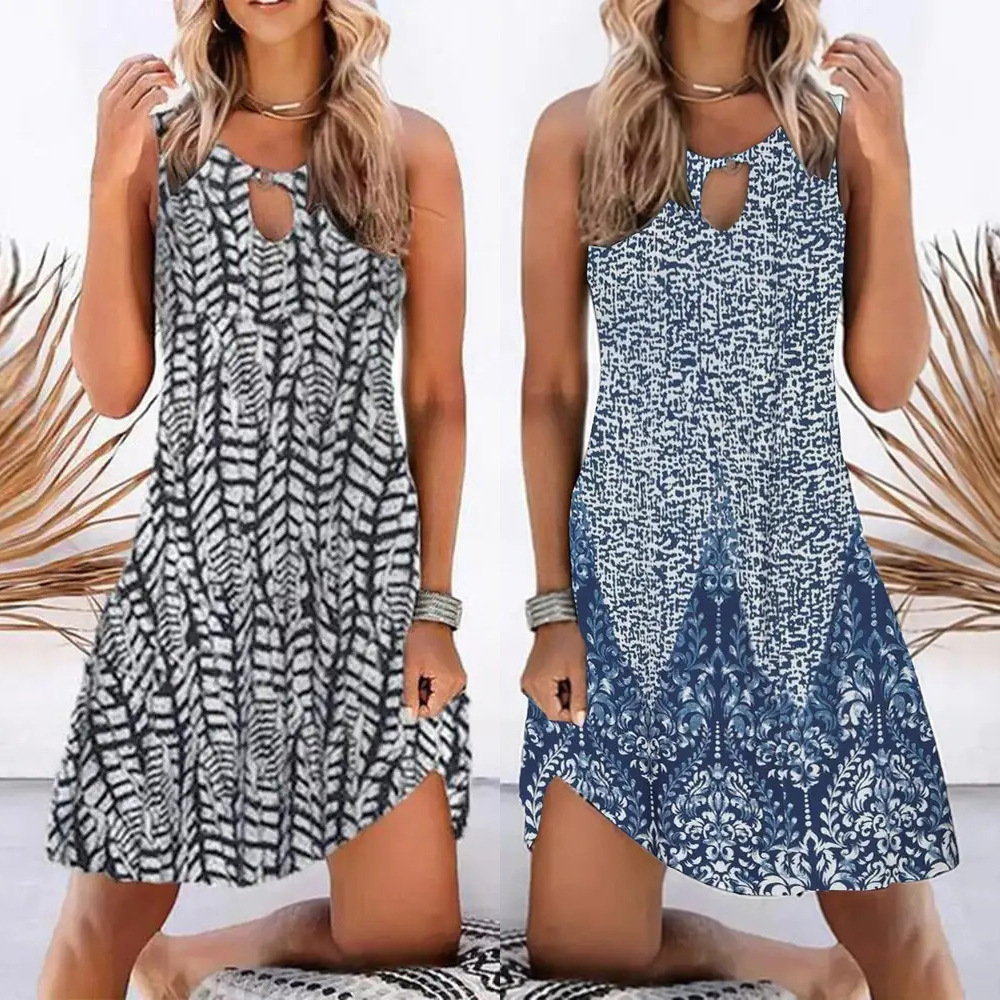 2022 European and American New Independent Station Hot Selling Bohemian round Neck Sleeveless Retro Printed Mini Beach Dress