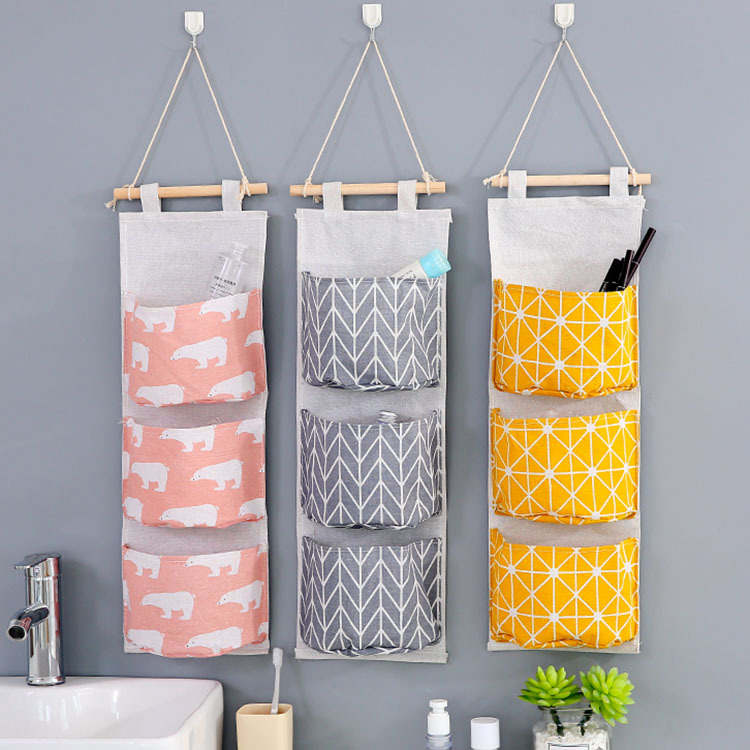 Cotton and Linen Multi-Layer 3 Grid Hanging Storage Bag Wall Storage Bag Fabric behind the Dormitory Door Hanging Storage Bag Hanging Bag