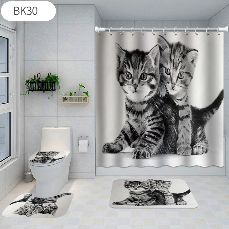 New Cross-Border Foreign Trade Shower Curtain Four-Piece Waterproof Bathroom Three-Piece Floor Mat Shower Curtain Toilet Mat Cat Printing