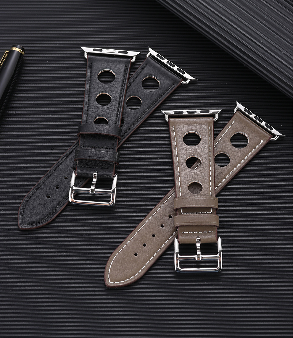 适用苹果iwatch手表带不锈钢针扣运动型透气纯色applewatch皮表带