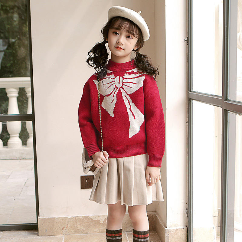 女童毛衣加厚款大红色喜庆蝴蝶结儿童打底毛衣圆领短款大童毛衣女