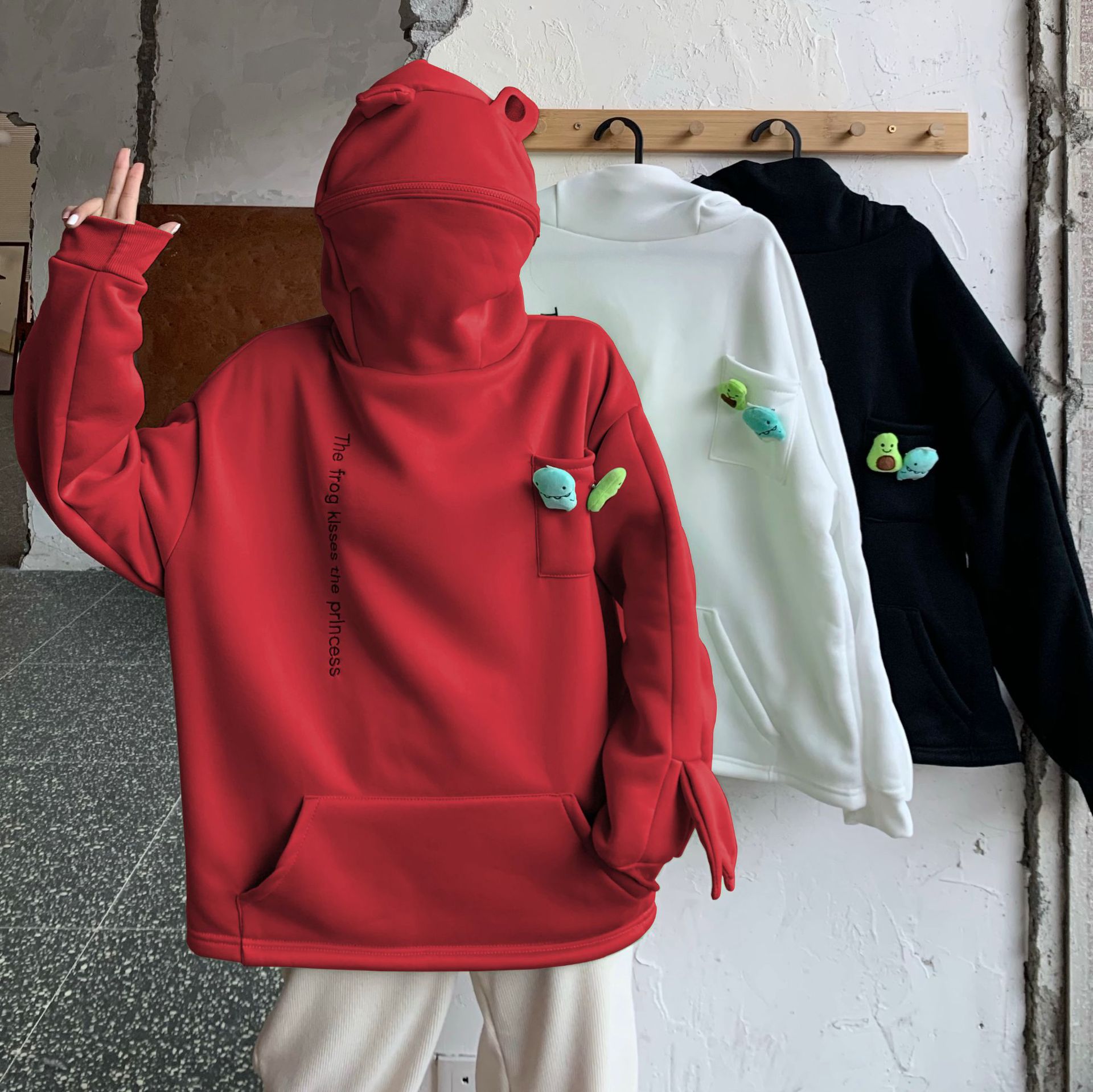 跨境新款2021外贸女装青蛙卫衣女chic加绒中长款超萌连帽外套上衣