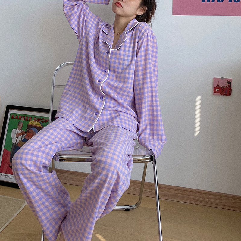 Korean Pajamas Women's Plaid Spring, Autumn and Winter Long-Sleeved Cardigan Sweet Cute Student Homewear Suit Cross-Border Foreign Trade