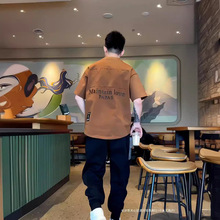 YOUMOU咖啡色复古风个性印花短袖T恤男夏季新款2024年设计感上衣